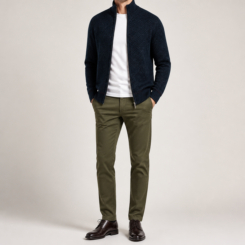 Zach | Mens Stand Collar Zip Up Knit Cardigan Sweater, Navy Blue