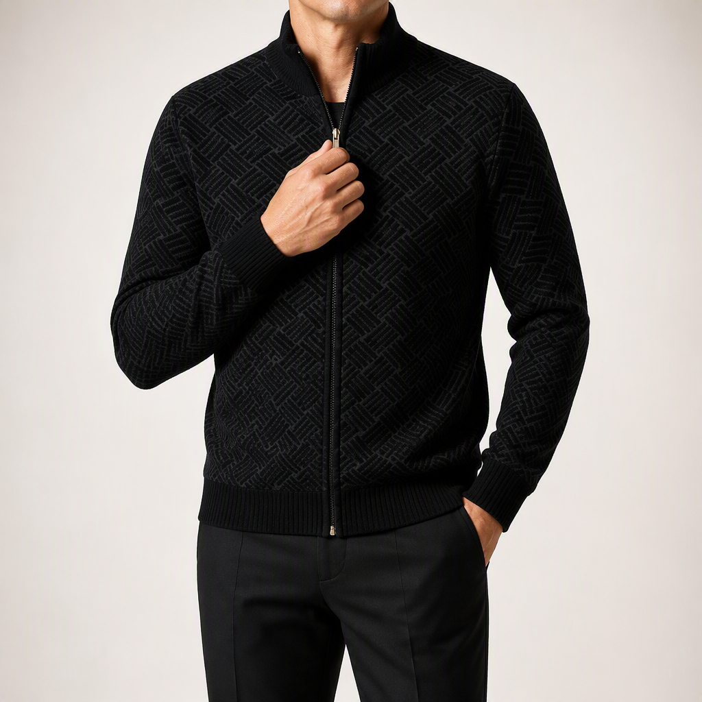 Zach | Mens Stand Collar Zip Up Knit Cardigan Sweater, Black
