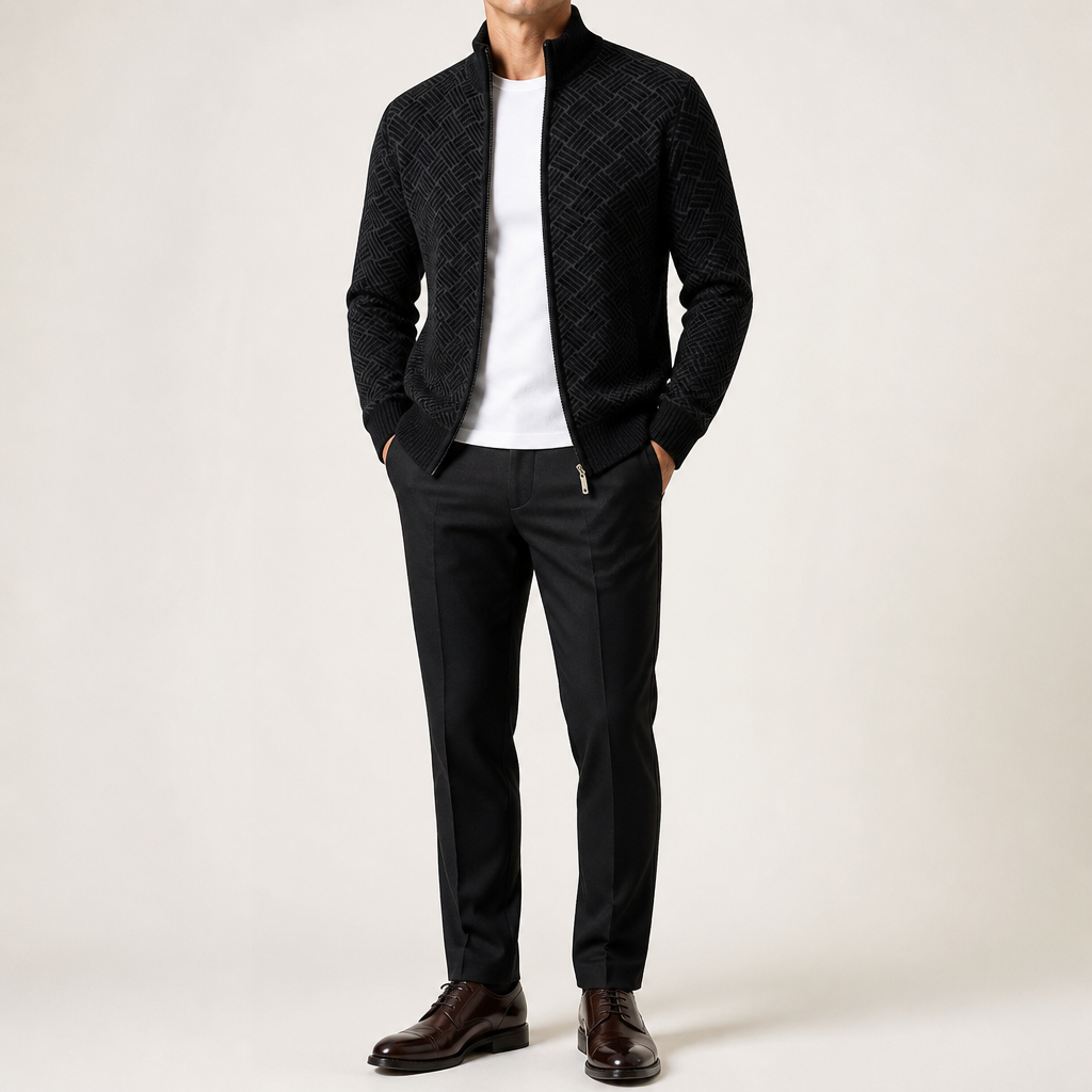 Zach | Mens Stand Collar Zip Up Knit Cardigan Sweater, Black