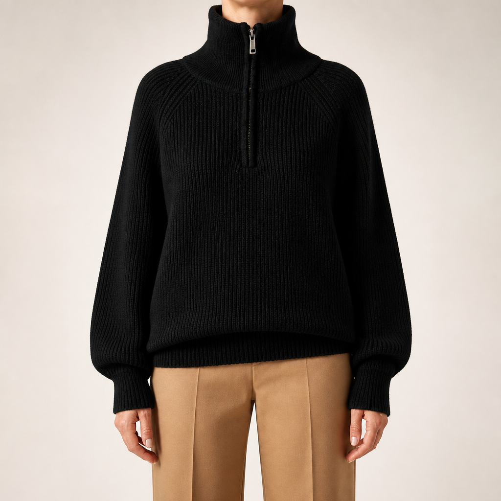 Zephyr | Womens Jumper Knitted Zip Up Loose Turtleneck Warm Sweater, Black