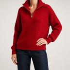 Zephyr | Womens Jumper Knitted Zip Up Loose Turtleneck Warm Sweater, Red